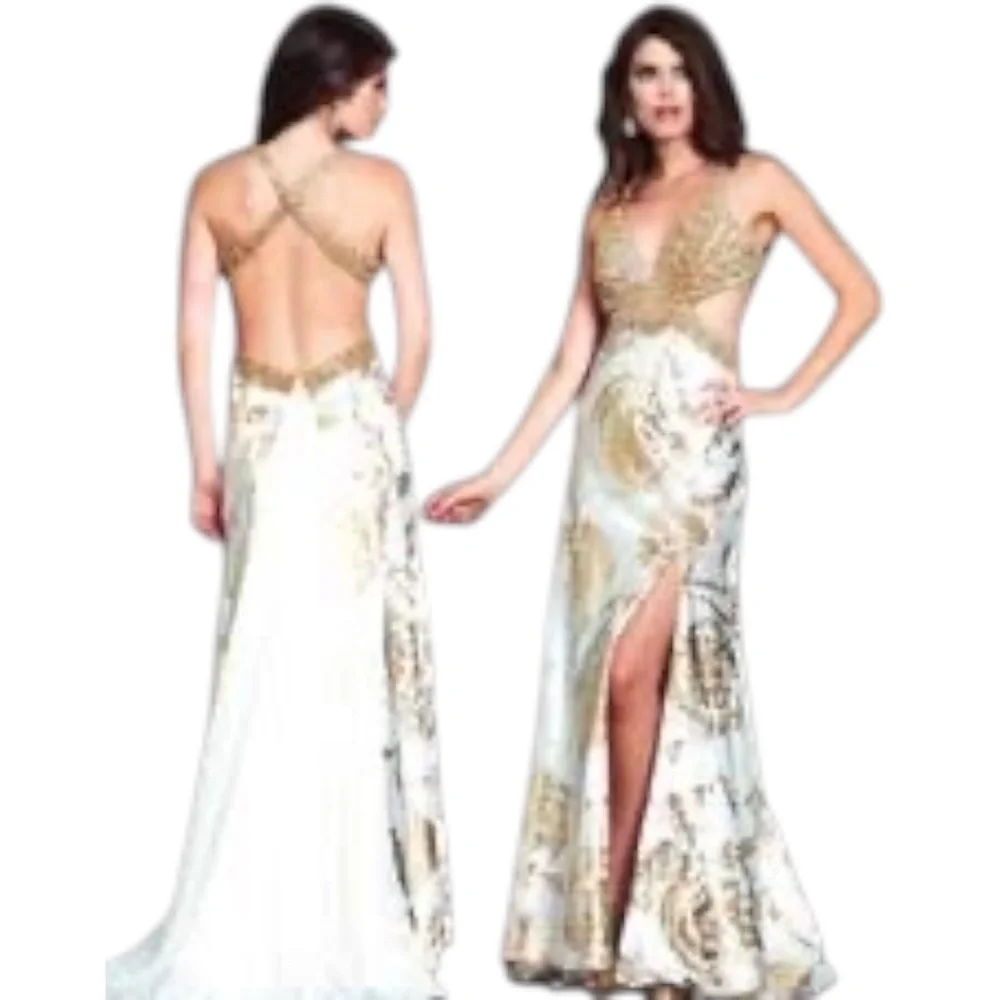 Mac Duggal Couture prom/pageant gown W/a Gold Foil Floral Print & Beaded Bodice